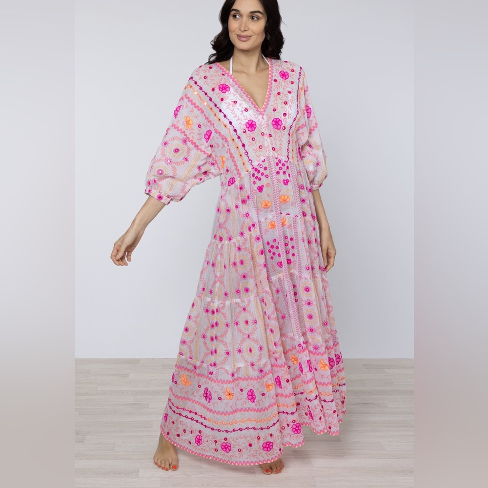 Juliet Dunn. Mexican Print V Neck Maxi Dress in White w/ Fuchsia Embroidery